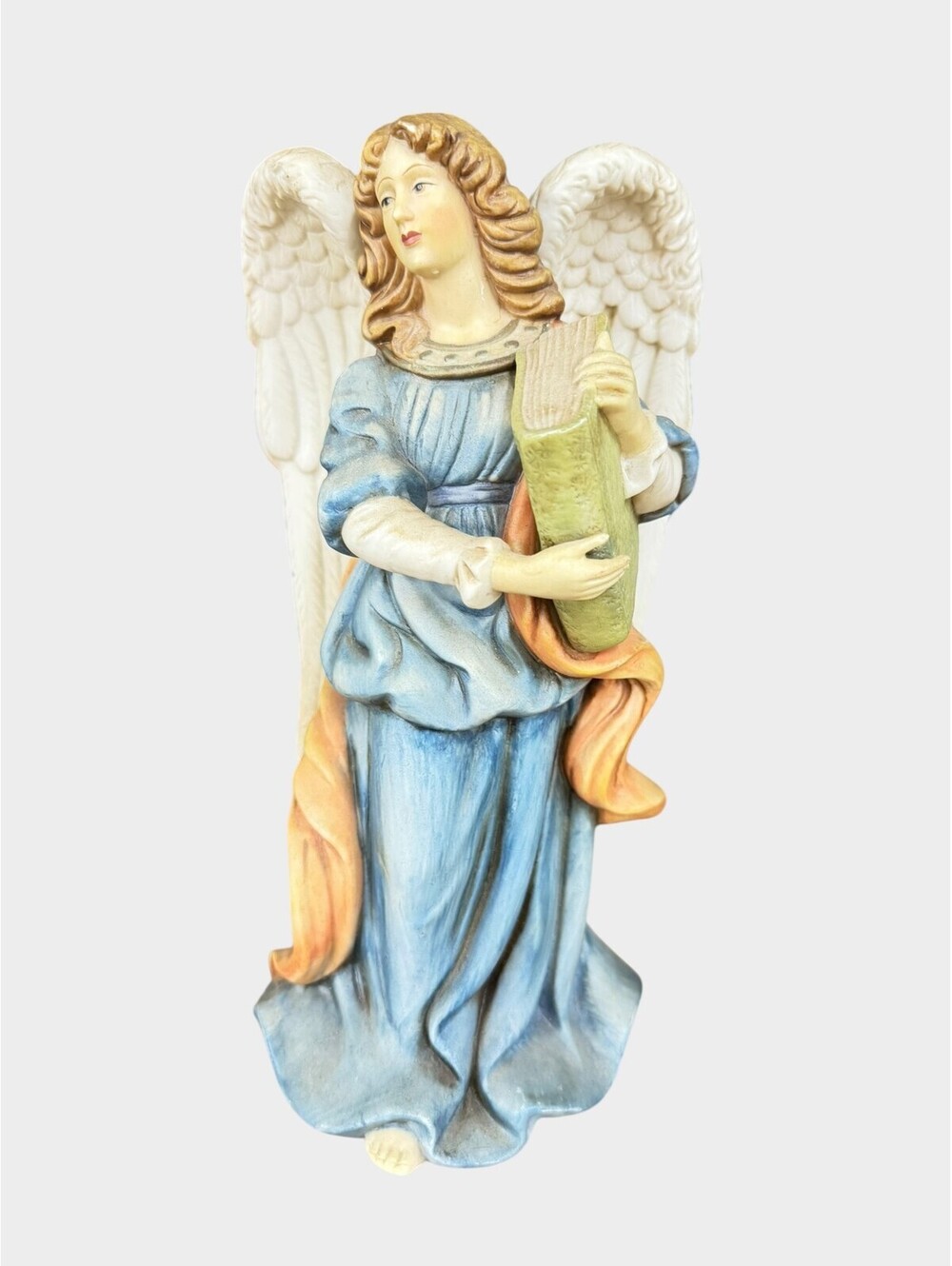 Vintage 9.5” Angel Figurine Holding Harp Blue Robe Winged Angel Decor